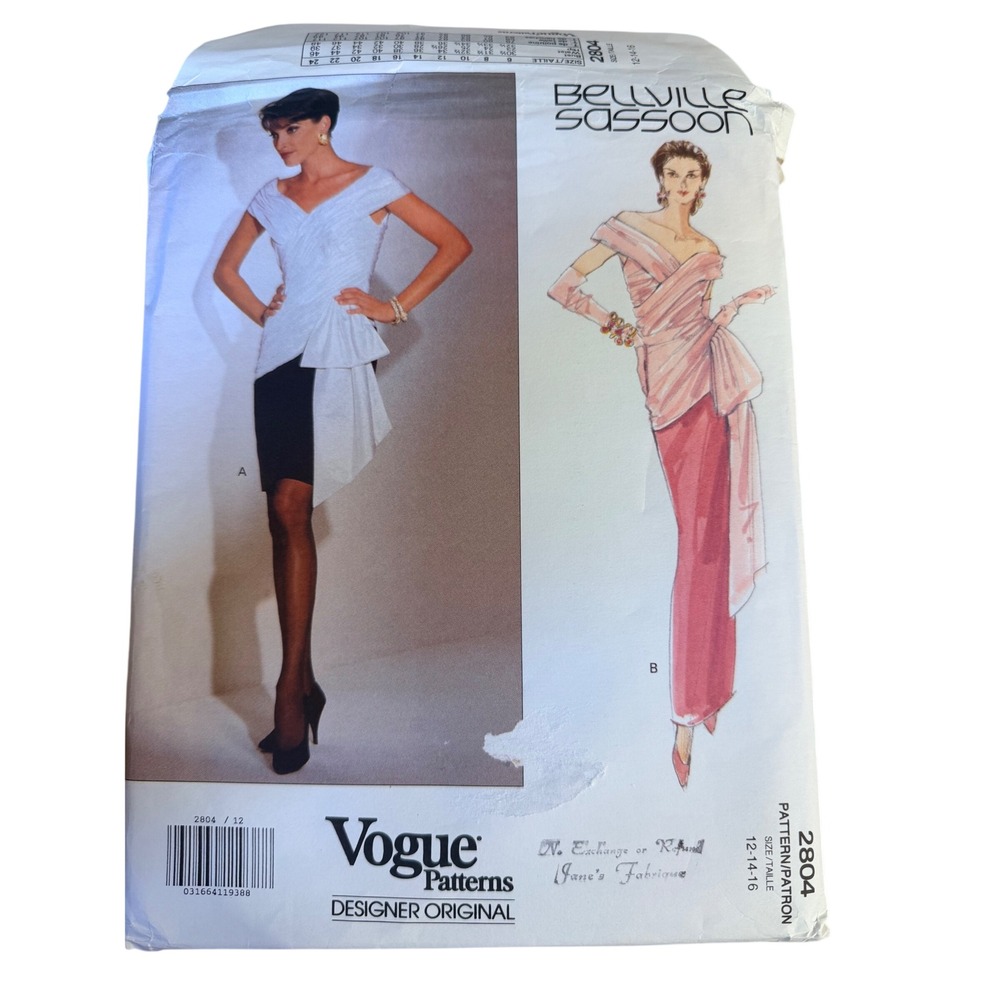 Uncut Vogue 2804 Bellville Sassoon Sewing Pattern 12-14-16 Draped 90s Formal